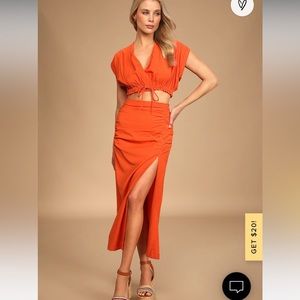 Lulu’s Play Tourist Orange Two-Piece Short Sleeve Midi Dress